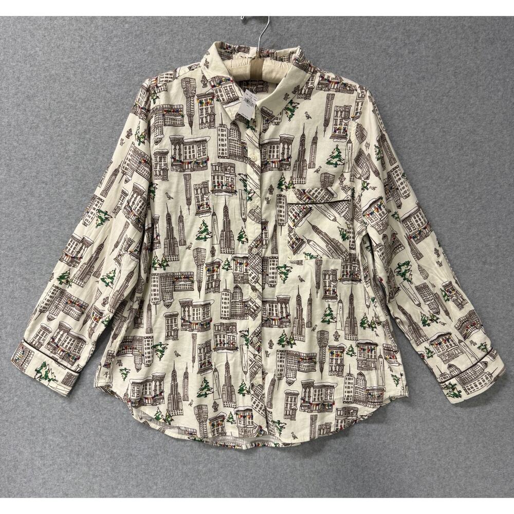 Aerie Holiday Cityscape Flannel Top Lounge Shirt Shacket Woman’s Large NWT
